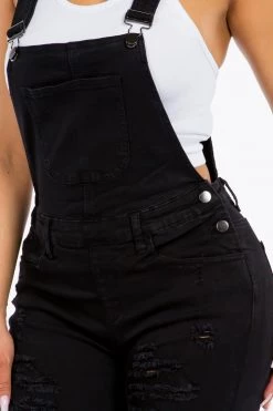 LOVE MODA Distressed Long Skinny Denim Overalls