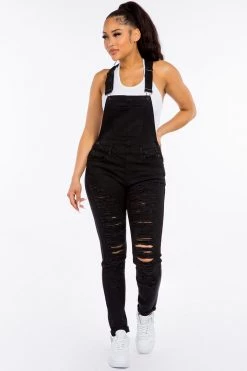LOVE MODA Distressed Long Skinny Denim Overalls