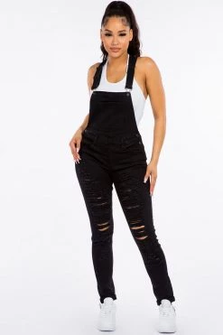 LOVE MODA Distressed Long Skinny Denim Overalls