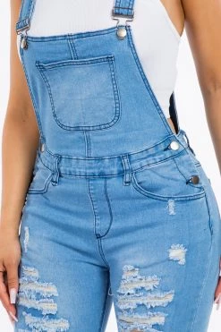 LOVE MODA Distressed Long Skinny Denim Overalls