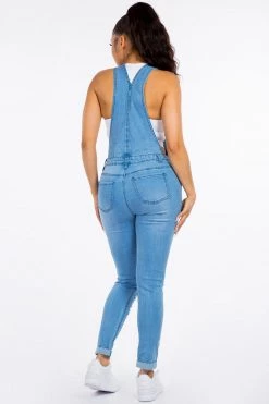 LOVE MODA Distressed Long Skinny Denim Overalls