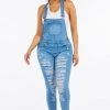 LOVE MODA Distressed Long Skinny Denim Overalls