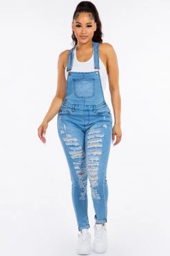 LOVE MODA Distressed Long Skinny Denim Overalls