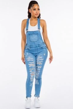 LOVE MODA Distressed Long Skinny Denim Overalls