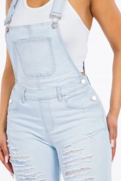 LOVE MODA Distressed Long Skinny Denim Overalls