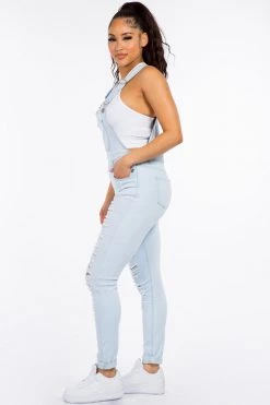 LOVE MODA Distressed Long Skinny Denim Overalls