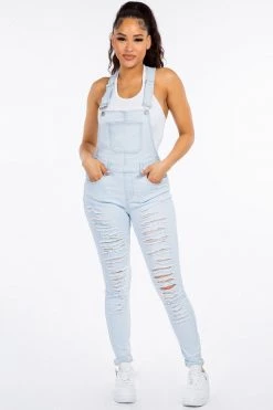 LOVE MODA Distressed Long Skinny Denim Overalls
