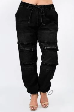 Love Moda High Waist Denim Joggers With Utility Pockets - Plus Size