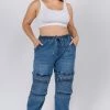 Love Moda High Waist Denim Joggers With Utility Pockets - Plus Size