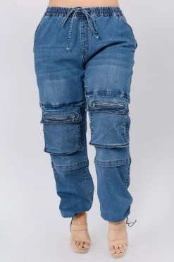 Love Moda High Waist Denim Joggers With Utility Pockets - Plus Size