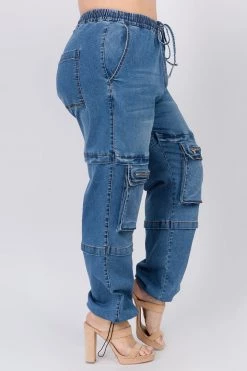 Love Moda High Waist Denim Joggers With Utility Pockets - Plus Size