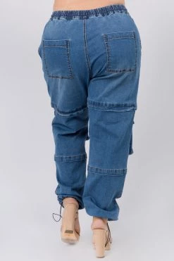 Love Moda High Waist Denim Joggers With Utility Pockets - Plus Size