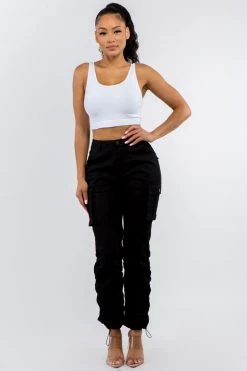LOVE MODA Women's High Waist Slim Fit Shirred Leg Twill Cargo Jogger Pants NEW ARRIVALS