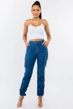 LOVE MODA NEW ARRIVALS Women's High Waist Slim Fit Shirred Leg Denim Cargo Jogger Pants