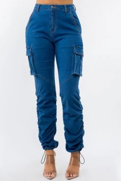 LOVE MODA NEW ARRIVALS Women's High Waist Slim Fit Shirred Leg Denim Cargo Jogger Pants