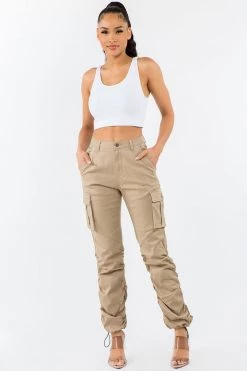 LOVE MODA Women's High Waist Slim Fit Shirred Leg Twill Cargo Jogger Pants NEW ARRIVALS
