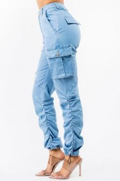 LOVE MODA NEW ARRIVALS Women's High Waist Slim Fit Shirred Leg Denim Cargo Jogger Pants