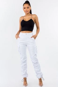 LOVE MODA Women's High Waist Slim Fit Shirred Leg Twill Cargo Jogger Pants NEW ARRIVALS