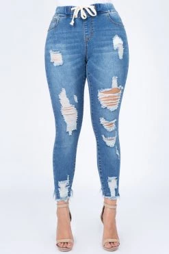 Love Moda High Waist Distressed Denim Joggers