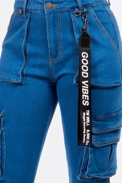 LOVE MODA High Waist Cargo Denim Joggers With Keychain NEW ARRIVALS