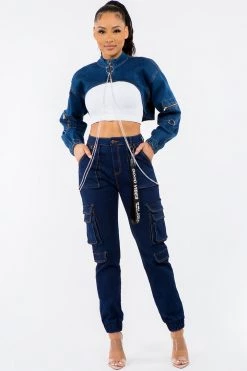 LOVE MODA High Waist Cargo Denim Joggers With Keychain NEW ARRIVALS