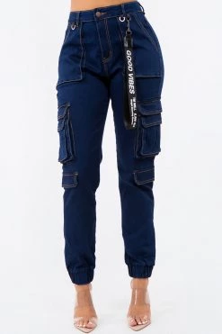 LOVE MODA High Waist Cargo Denim Joggers With Keychain NEW ARRIVALS