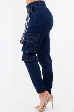LOVE MODA High Waist Cargo Denim Joggers With Keychain NEW ARRIVALS