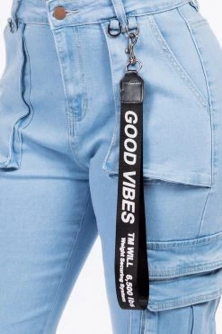 LOVE MODA High Waist Cargo Denim Joggers With Keychain NEW ARRIVALS