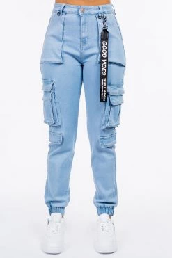 LOVE MODA High Waist Cargo Denim Joggers With Keychain NEW ARRIVALS