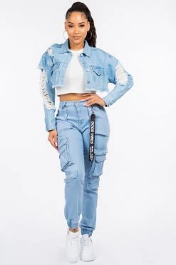LOVE MODA High Waist Cargo Denim Joggers With Keychain NEW ARRIVALS