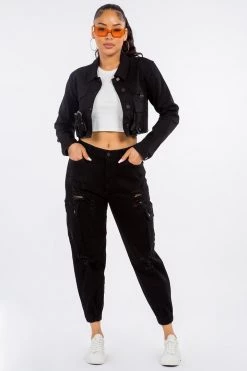 LOVE MODA NEW ARRIVALS High Waist Distressed Cargo Denim Joggers