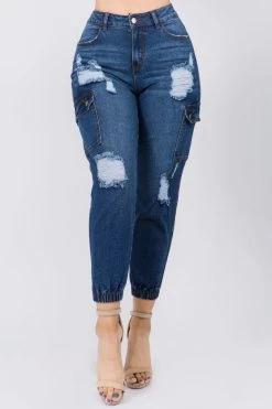 LOVE MODA NEW ARRIVALS High Waist Distressed Cargo Denim Joggers
