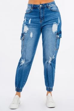 LOVE MODA NEW ARRIVALS High Waist Distressed Cargo Denim Joggers