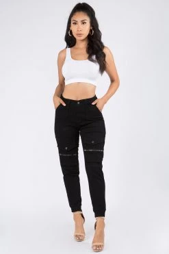 Love Moda High Waist Denim Joggers With Utility Pockets BOTTOMS