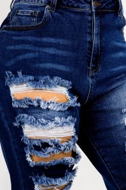 LOVE MODA High Waisted Dark Blue Distressed Denim Joggers - Plus Size