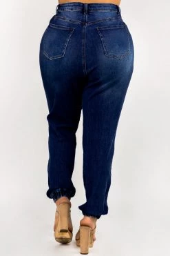 LOVE MODA High Waisted Dark Blue Distressed Denim Joggers - Plus Size