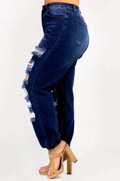 LOVE MODA High Waisted Dark Blue Distressed Denim Joggers - Plus Size
