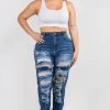 LOVE MODA High Waisted Dark Blue Distressed Denim Joggers - Plus Size