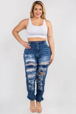 LOVE MODA High Waisted Dark Blue Distressed Denim Joggers - Plus Size