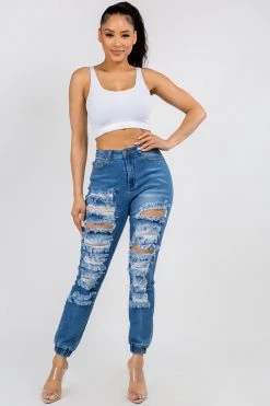 LOVE MODA High Waisted Distressed Denim Joggers