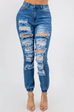 LOVE MODA High Waisted Distressed Denim Joggers