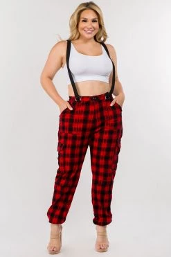 Lovemoda Plaid Red Suspender Cargo Joggers - Plus Size