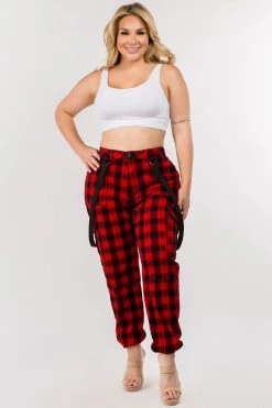Lovemoda Plaid Red Suspender Cargo Joggers - Plus Size