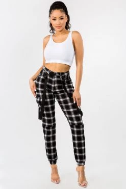LOVE MODA Plaid Suspender Cargo Joggers BOTTOMS