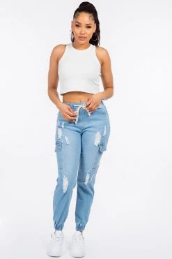 LOVE MODA High Waist Distressed Denim Jogger Pants NEW ARRIVALS
