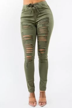 LOVE MODA High Waist Distressed Stretch Skinny Joggers - Plus Size