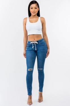 LOVE MODA Knee Cut Stretch Denim Jogger With Drawstrings BEST SELLERS