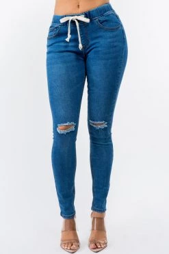 LOVE MODA Knee Cut Stretch Denim Jogger With Drawstrings BEST SELLERS