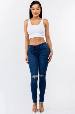 LOVE MODA Knee Cut Stretch Denim Jogger With Drawstrings BEST SELLERS