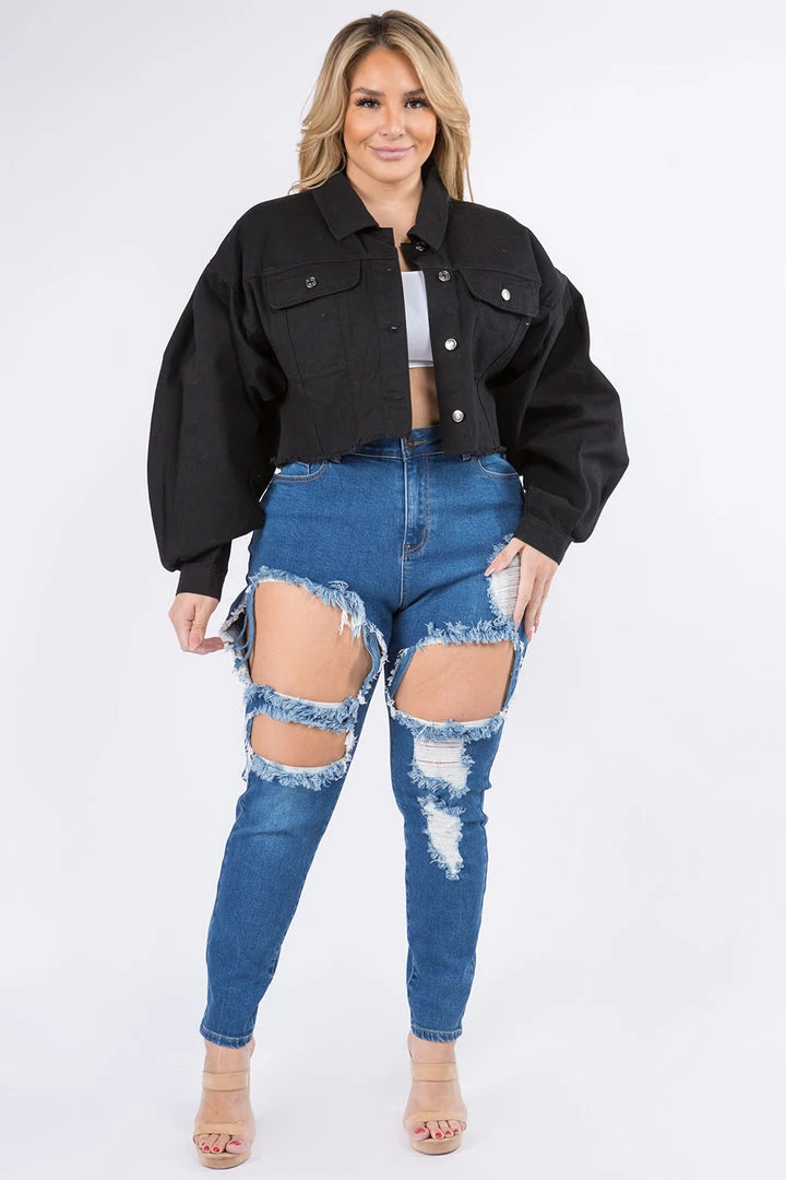 Lovemoda Balloon Sleeve Black Crop Denim Jacket - Plus Size 4 Lovemoda Balloon Sleeve Black Crop Denim Jacket - Plus Size
